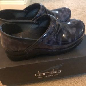 Dansko Blue Marbled Patent Clogs